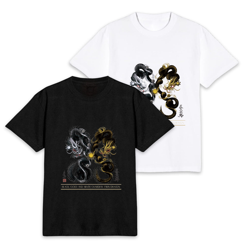 昇運・守護・縁結びの京都一筆龍】 龍神御加護の絵画Tシャツ 守護黒