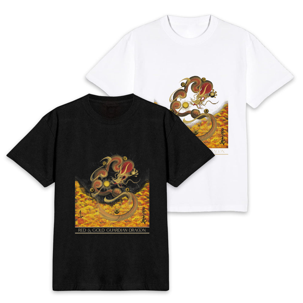 昇運・守護・縁結びの京都一筆龍】 龍神御加護の絵画Tシャツ 守護紅金龍