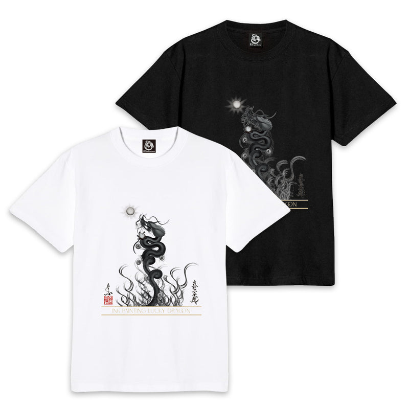 【昇運・守護・縁結びの京都一筆龍】 龍神御加護の絵画Tシャツ　昇運墨龍