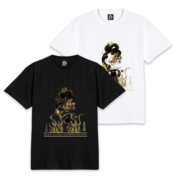 【昇運・守護・縁結びの京都一筆龍】 龍神御加護の絵画Tシャツ　守護黒金龍