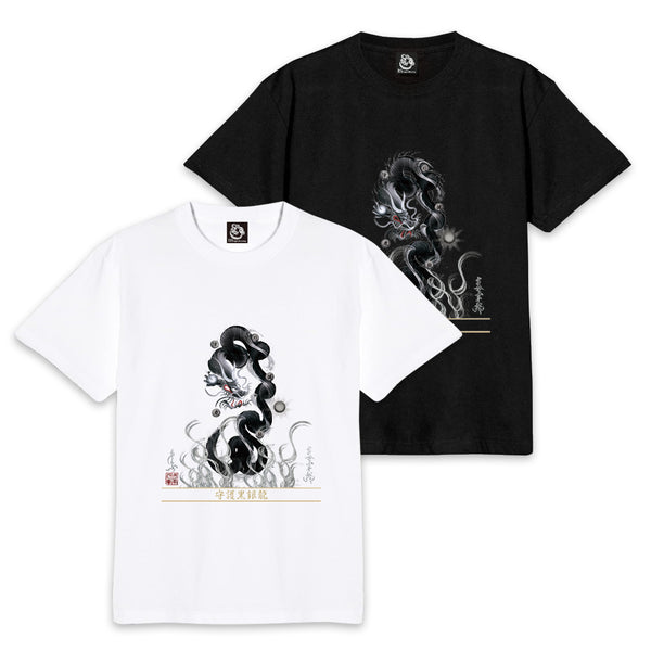 【昇運・守護・縁結びの京都一筆龍】 龍神御加護の絵画Tシャツ　守護黒銀龍
