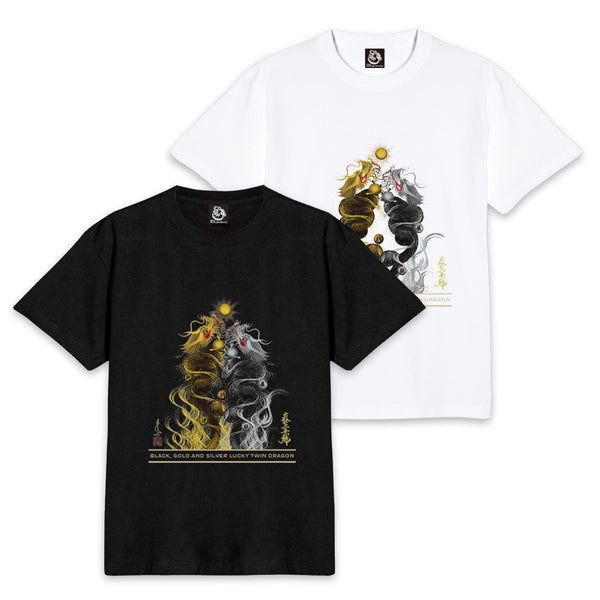 【昇運・守護・縁結びの京都一筆龍】 龍神御加護の絵画Tシャツ　昇運黒金銀双龍