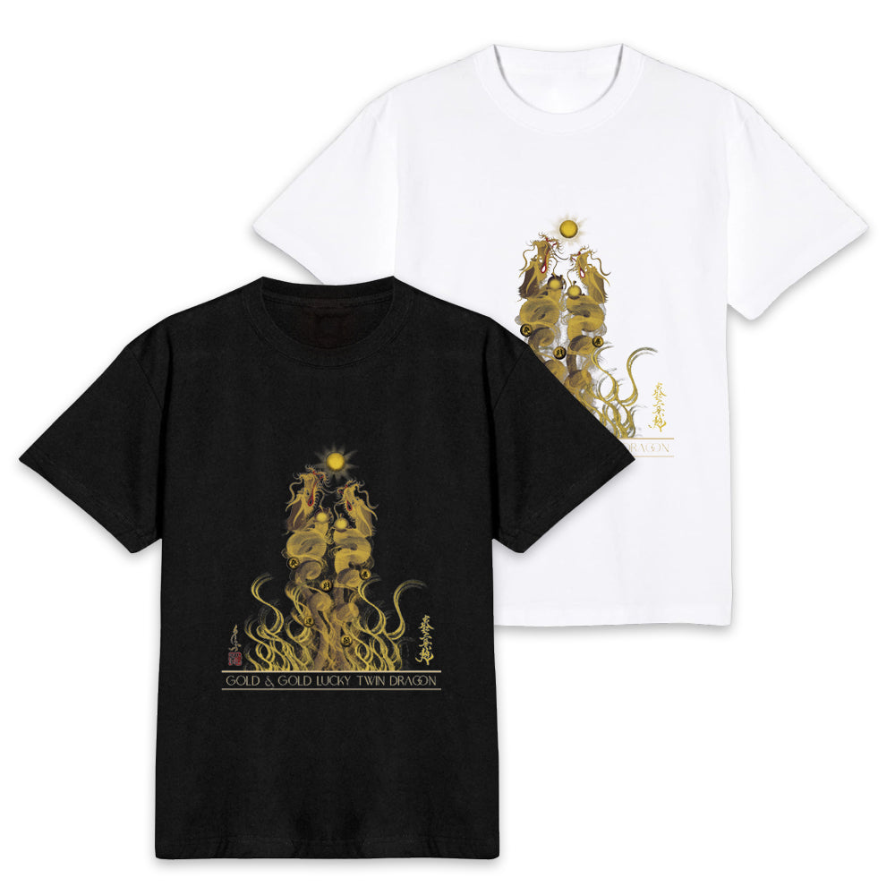 昇運・守護・縁結びの京都一筆龍】 龍神御加護の絵画Tシャツ 昇運金金双龍