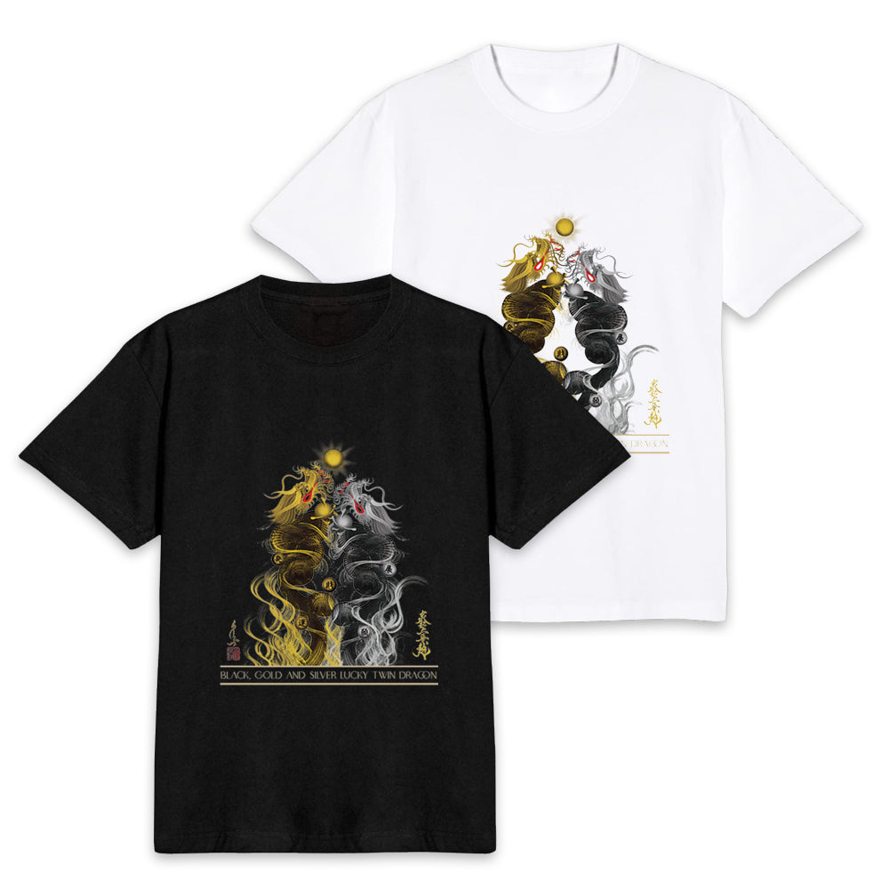 昇運・守護・縁結びの京都一筆龍】 龍神御加護の絵画Tシャツ 昇運黒