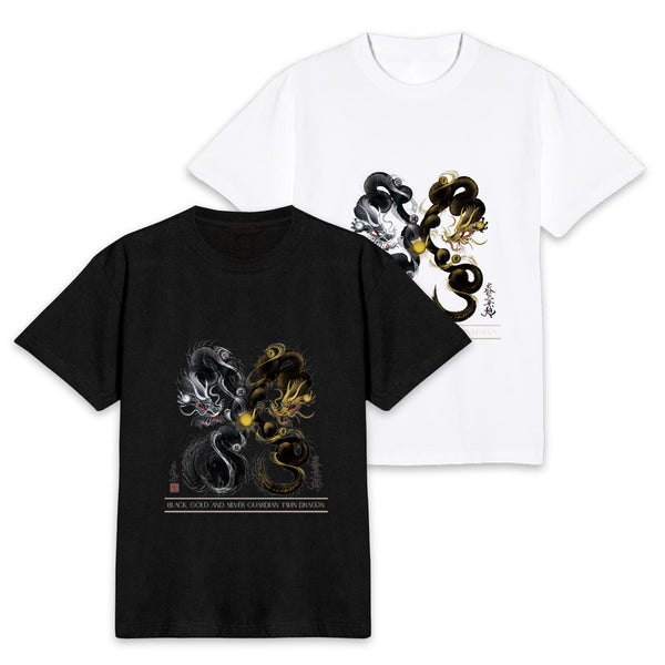 昇運・守護・縁結びの京都一筆龍】 龍神御加護の絵画Tシャツ 守護黒
